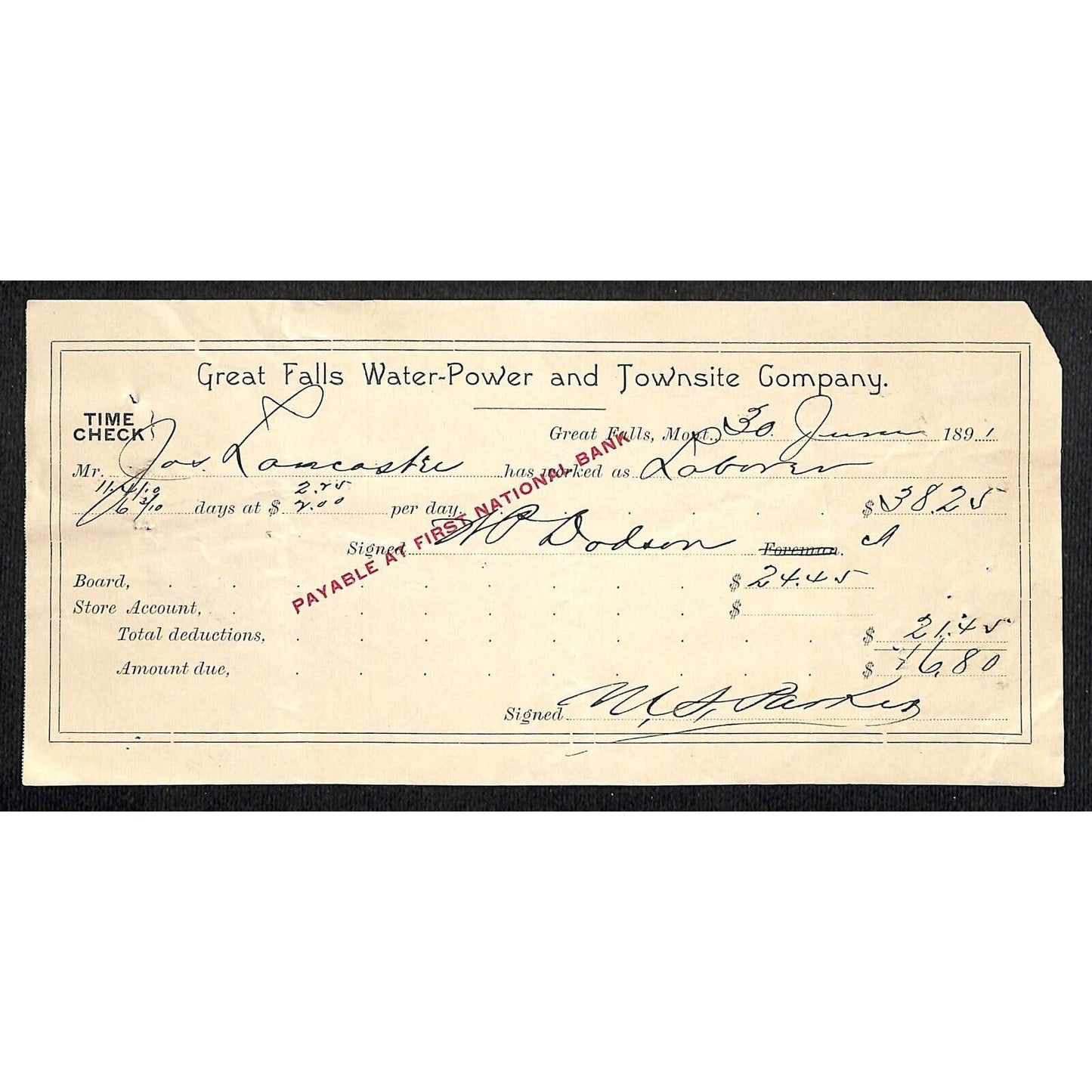 Montana 1891 Great Falls Water Power and Townsite Co. - Receipt / Time Check