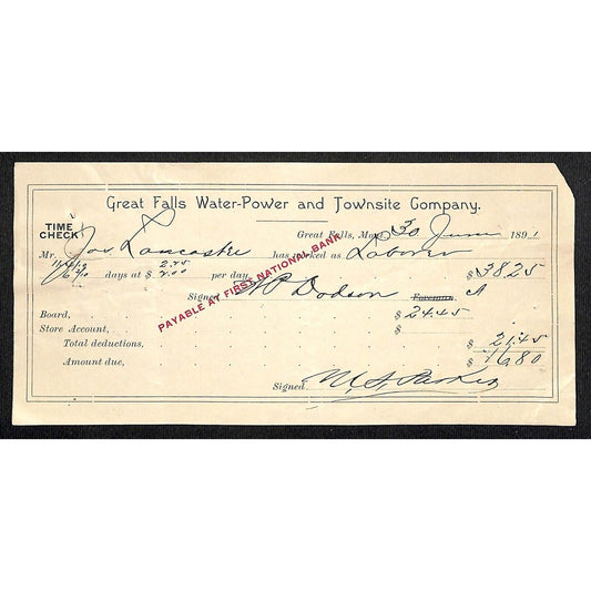 Montana 1891 Great Falls Water Power and Townsite Co. - Receipt / Time Check