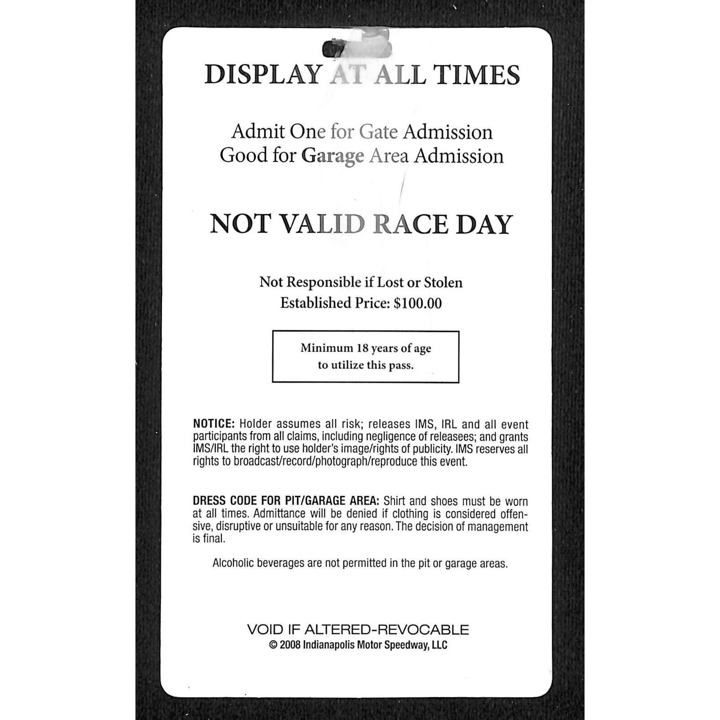 2008 Indy 500 Garage Access Ticket Pass Indianapolis IMS #2399 VGC