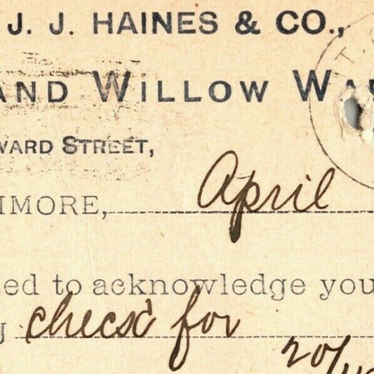 1897 Adv. Payment Conf. Postcard J.J. Haines Willow Ware Baltimore E. Baker*