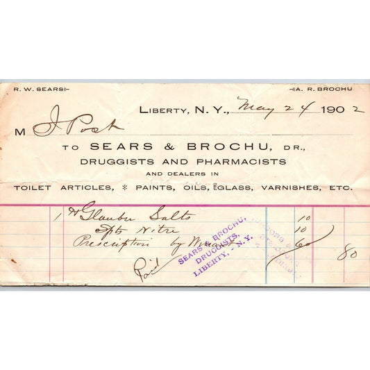 Liberty, NY Sears & Brochu Druggists Pharmacists 1902 Billhead to Isaac Post*