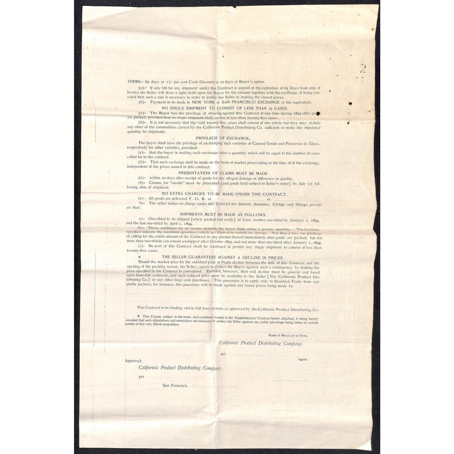 1893 California Product Distributing San Francisco Order / Price Sheet - Scarce