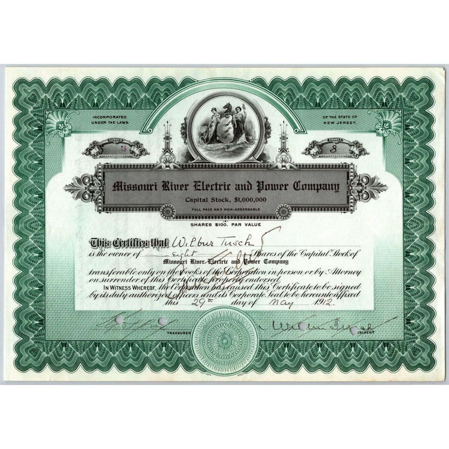 Missouri River Electric and Power 1912 Stock Certificate 8 Shares Cert #3