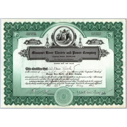 Missouri River Electric and Power 1912 Stock Certificate 8 Shares Cert #3