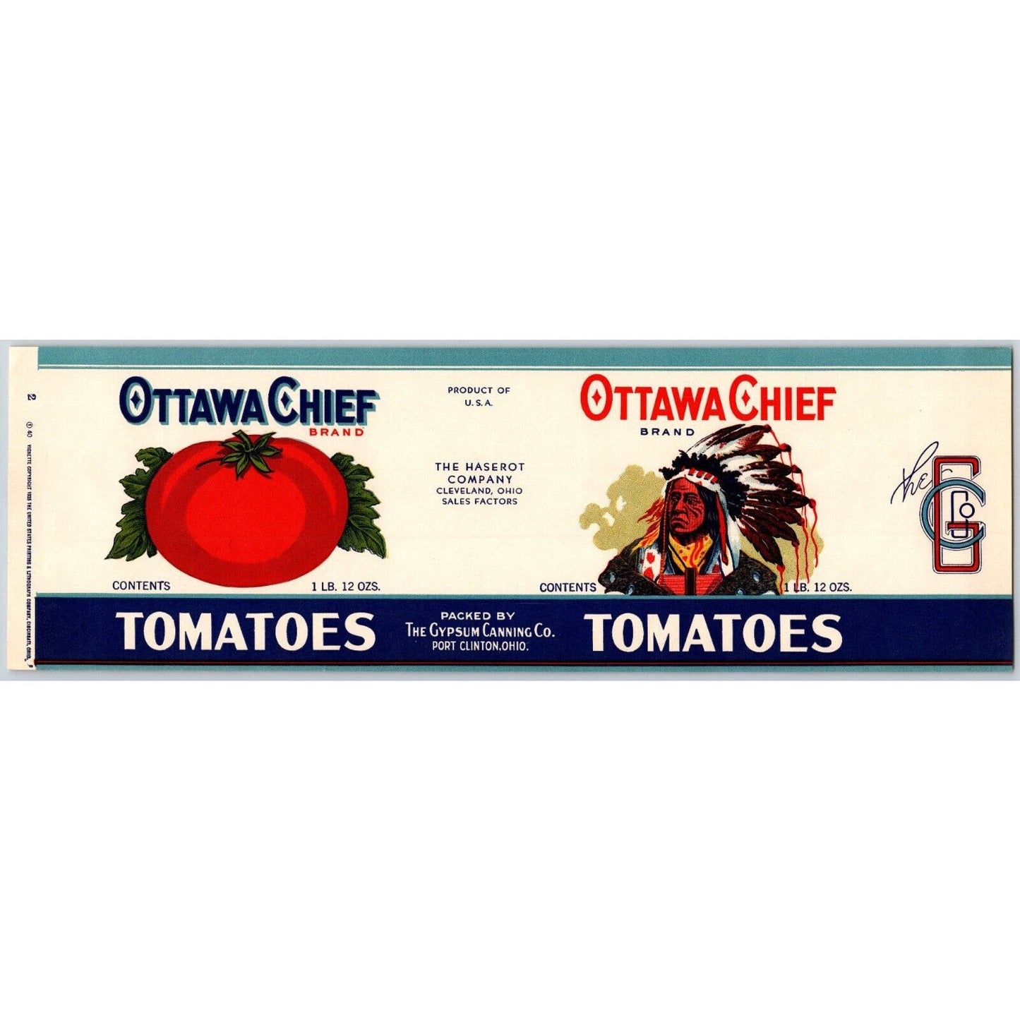 Ottawa Chief Tomatoes Paper Can Label Haserot Co. Cleveland c1935 Scarce