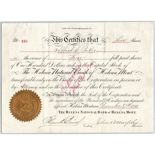 Helena National Bank, Montana 1890 Stock Certificate Cert# 126 for 3 Shares