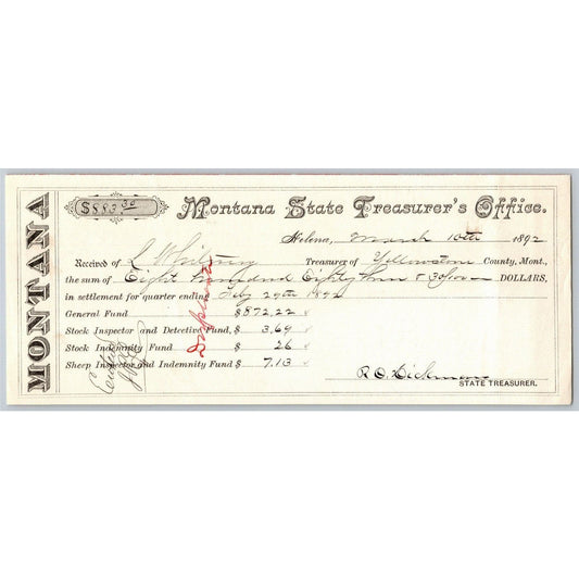 Montana State Treasurer's Office 1892 General Fund Receipt $883.30 / Billhead