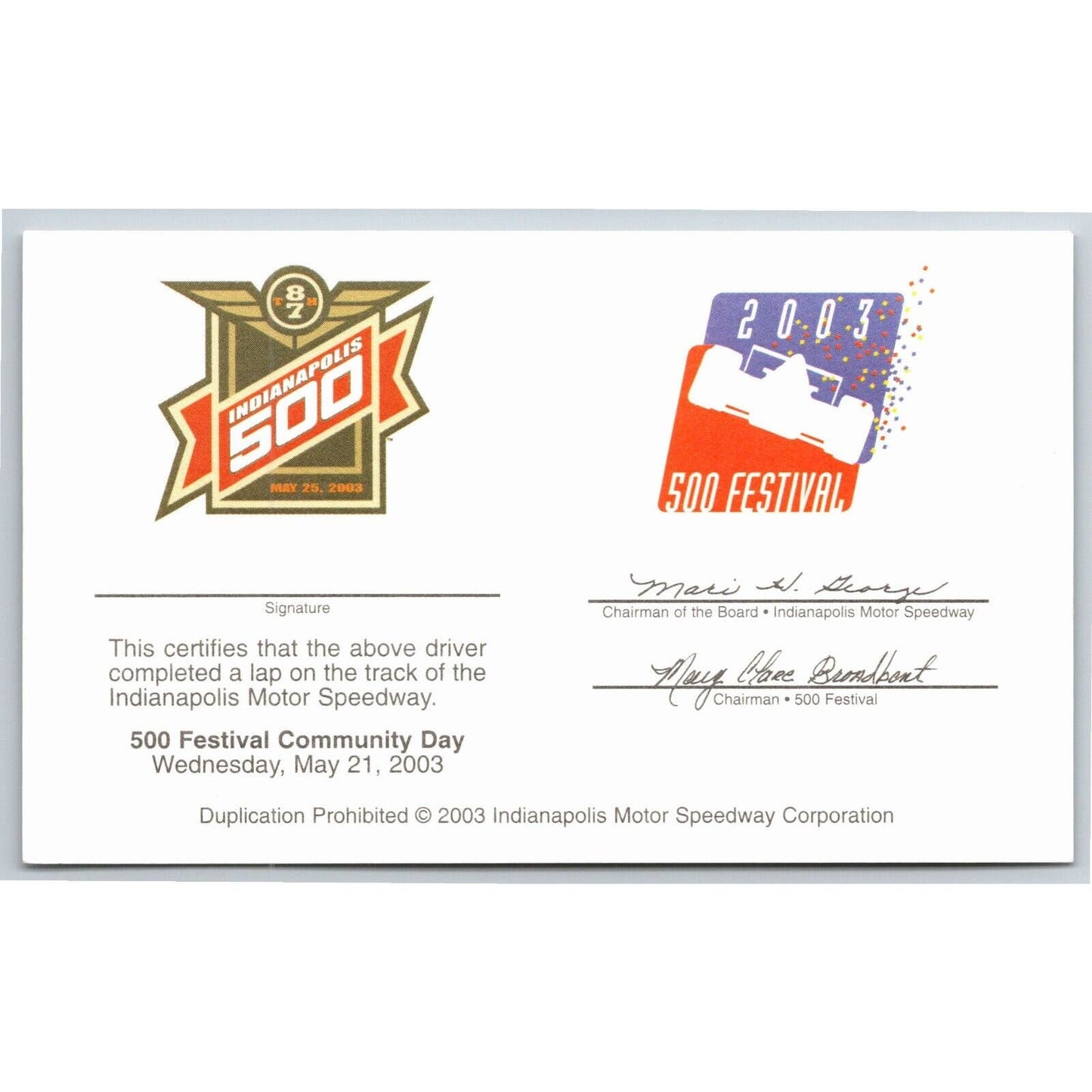 2003 Indy 500 Festival / Lap Completion Unused Card Indianapolis IMS