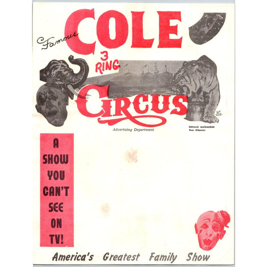 Famous Cole 3 Ring Circus Letterhead "Can't See on TV" c1957-60 Zebra Scarce