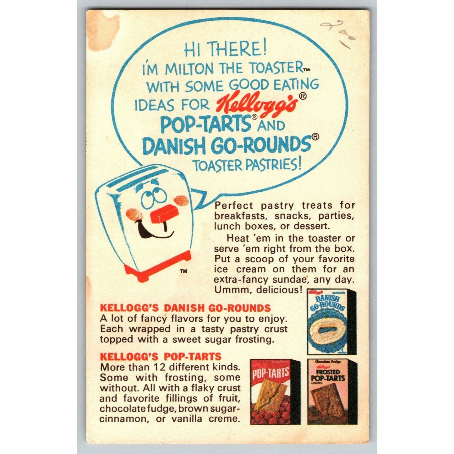 1970's Kellogg's "Fishin' Fun" Scratch-Off Game Card "Milton the Toaster" VGC