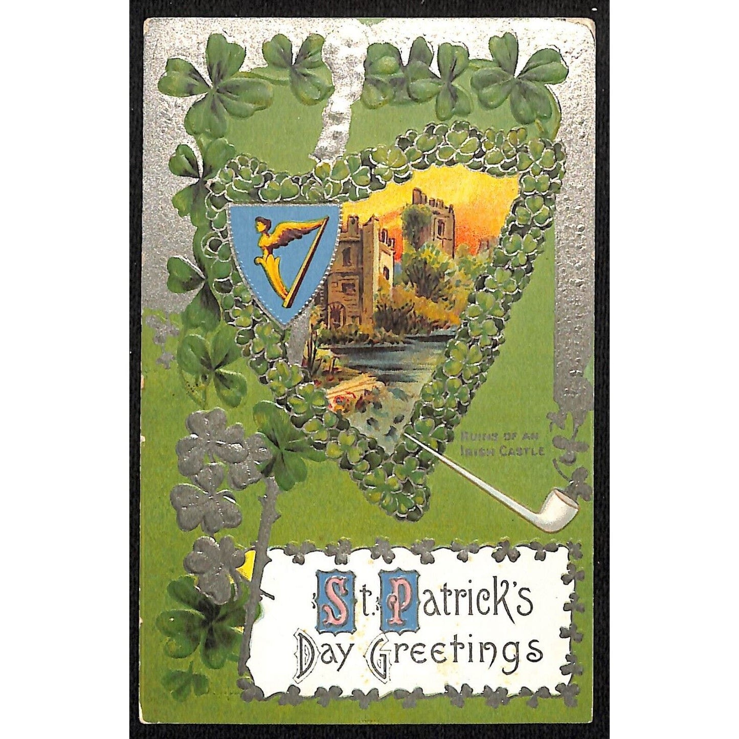 St. Patrick's Day Postcard Harp Pipe Castle Silver Ink Embossed PM 1912