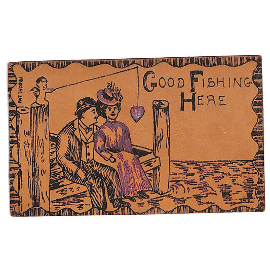 Funny Leather Postcard "Good Fishing Here" Couple Sitting at Edge of Dock