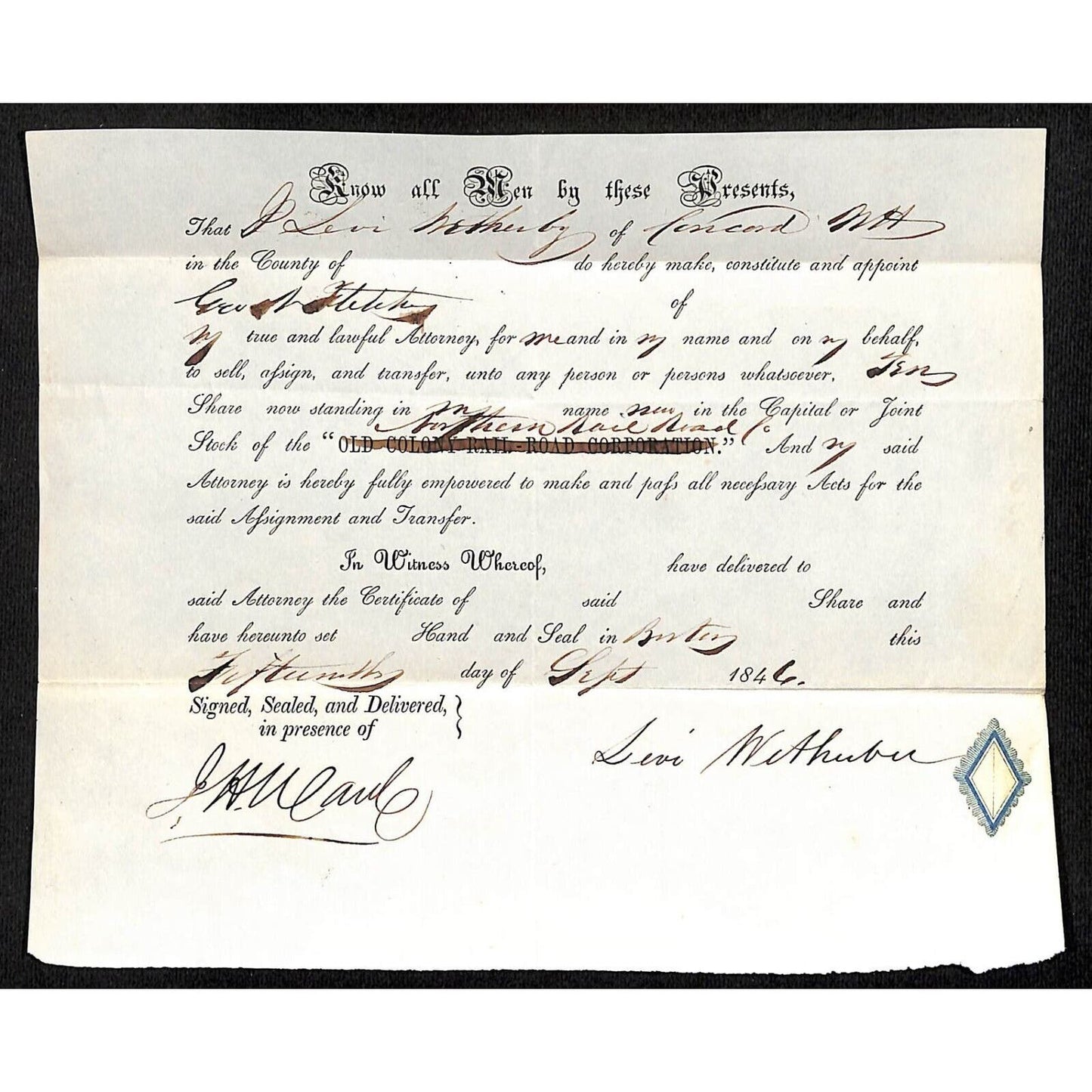 1846 Legal Document Power of Attorney re: Northern Railroad Stock
