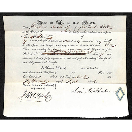 1846 Legal Document Power of Attorney re: Northern Railroad Stock