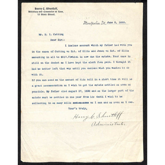 Montpelier, VT Harry C. Shurtleff Attorney 1899 Letterhead re: Father's Estate