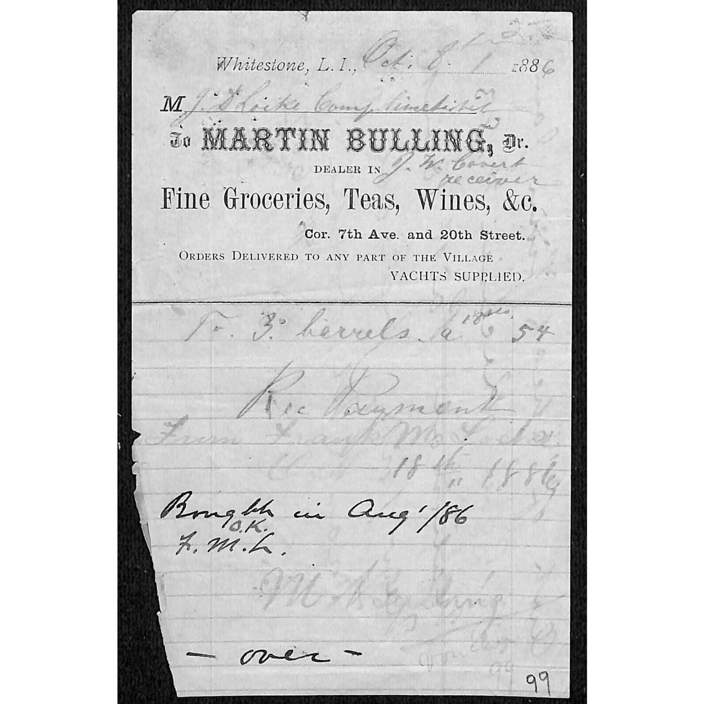 Whitestone, Long Island Martin Bulling Groceries Teas Wines Billhead 1886