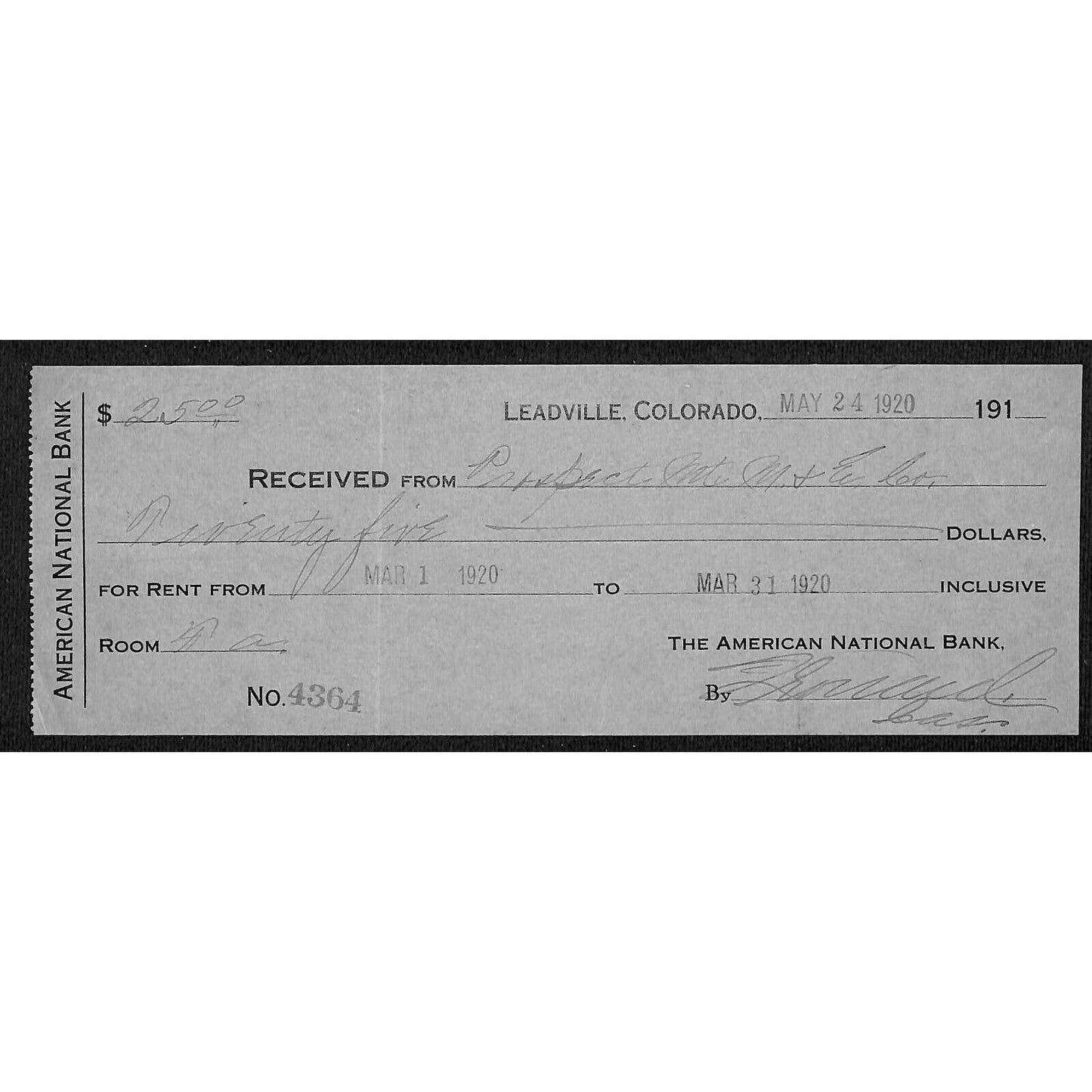 Leadville, CO 1920 American National Bank Rent Check #4364