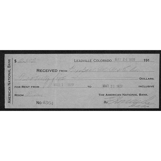 Leadville, CO 1920 American National Bank Rent Check #4364