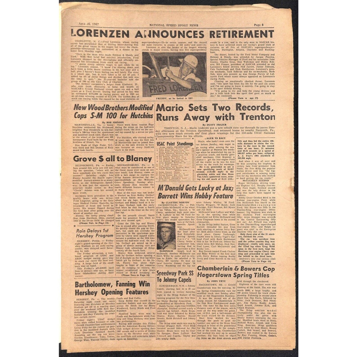 National Speed Sport News 4/26 1967 Andretti Wins / Lorenzen Quits Racing 19pp