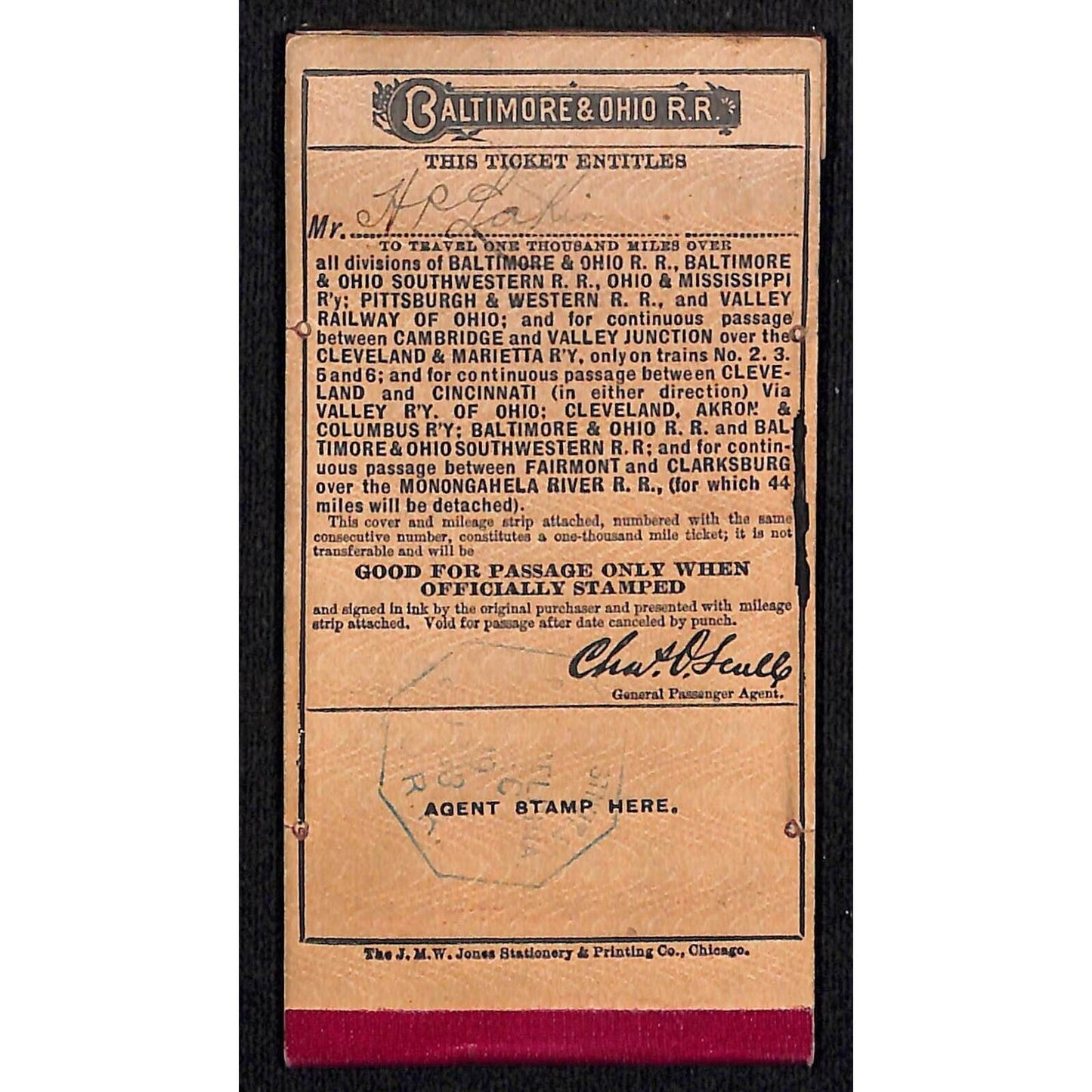 1894 Baltimore & Ohio Railroad 1000 Mile Ticket Book Hard Cover w/ 8" Remnant