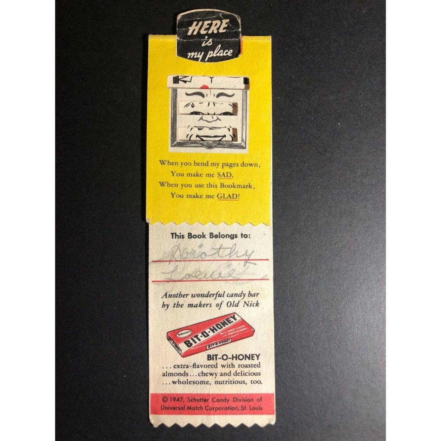 Vintage 1940's-50's Old Nick Candy Bar / Bit-O-Honey Bookmark