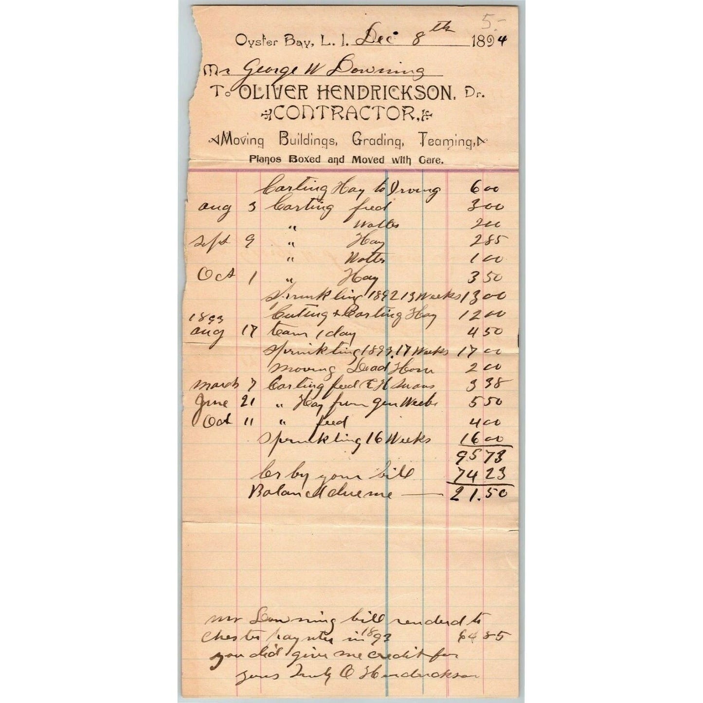 Oyster Bay, L.I. NY Billhead Letterhead 1894 Oliver Hendrickson, Contractor