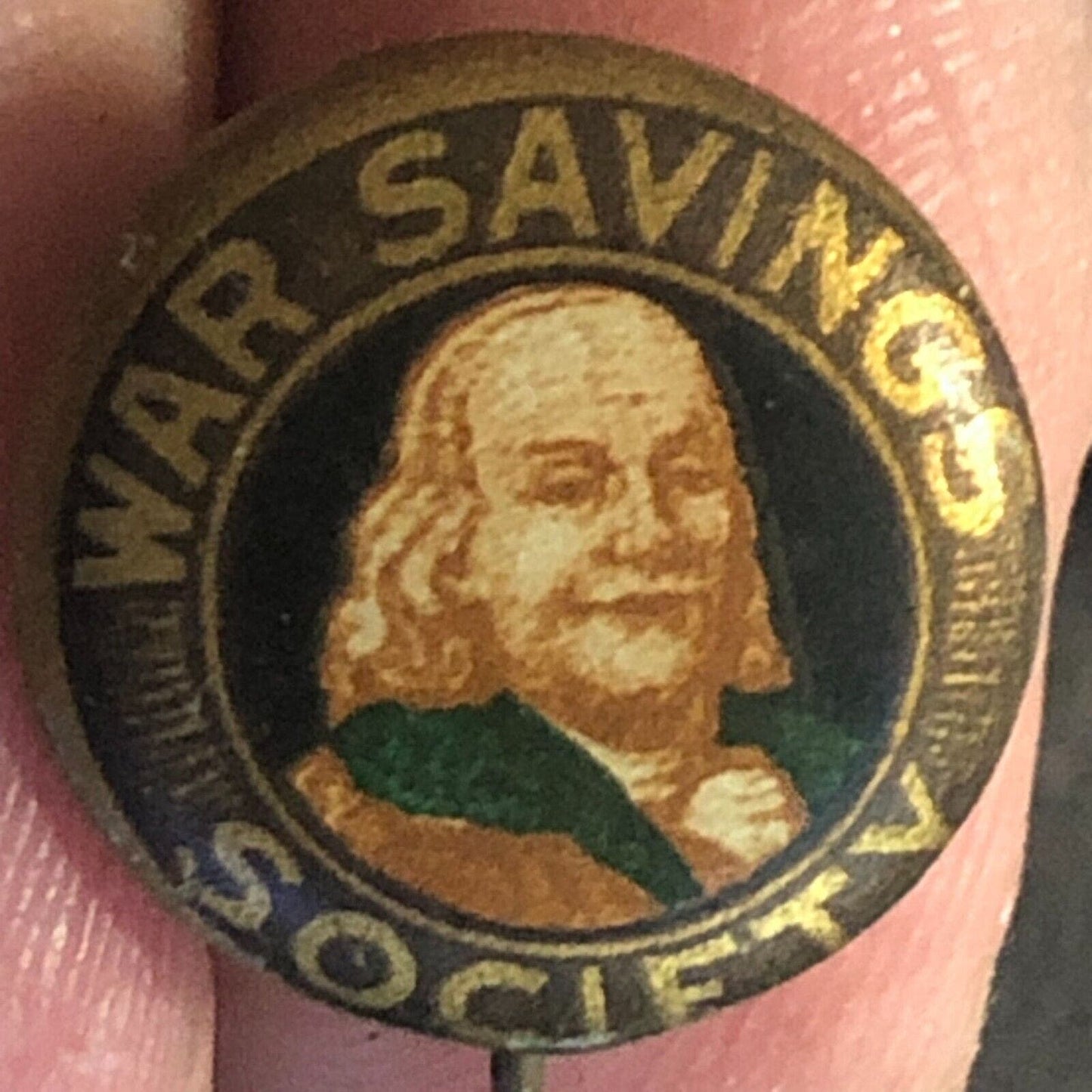 WWI WSS War Savings Society Ben Franklin Celluloid Steel Pinback - 15mm c1917-19