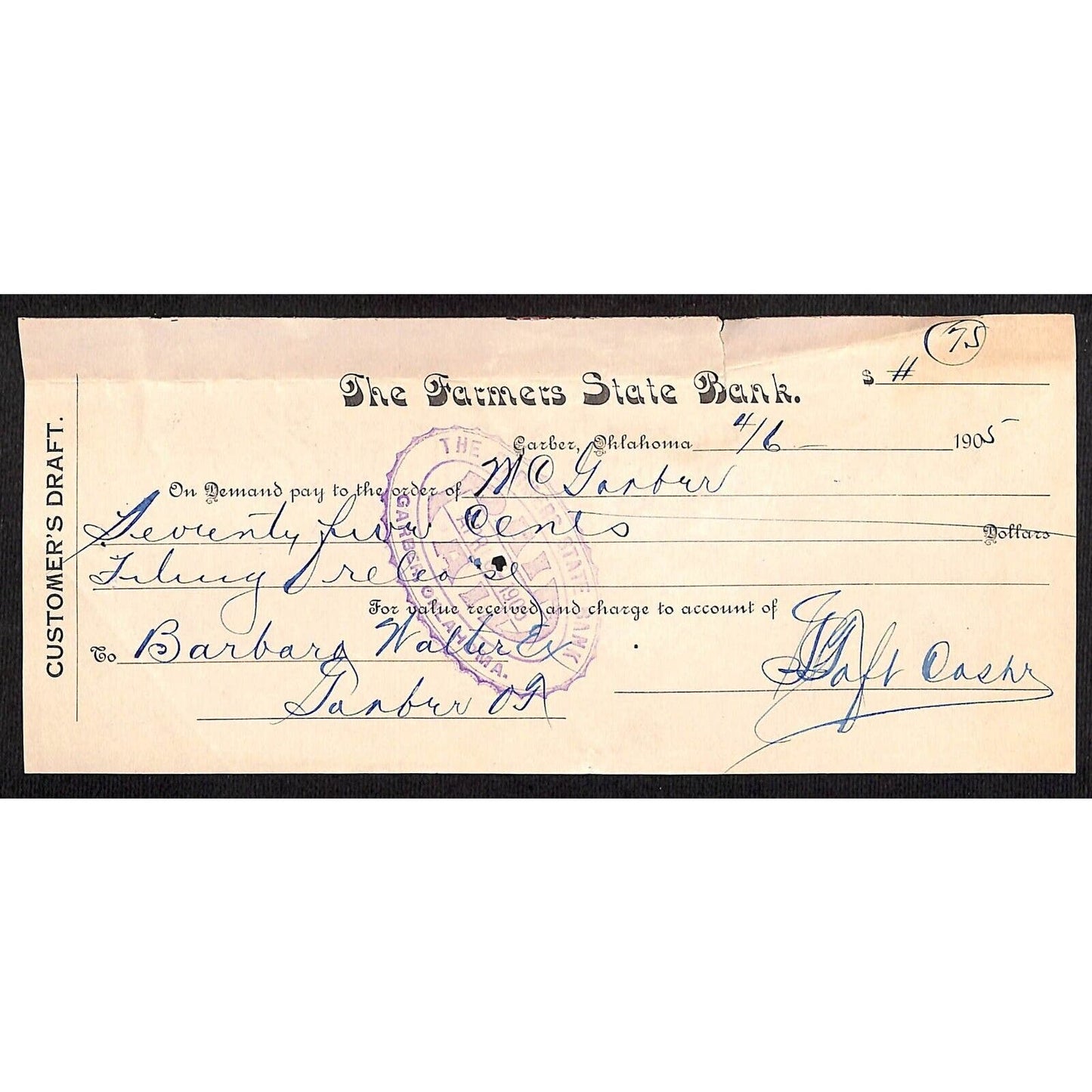 Garber, OK 1905 Territorial 75c Farmers State Bank Check - Scarce