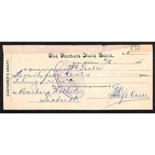 Garber, OK 1905 Territorial 75c Farmers State Bank Check - Scarce