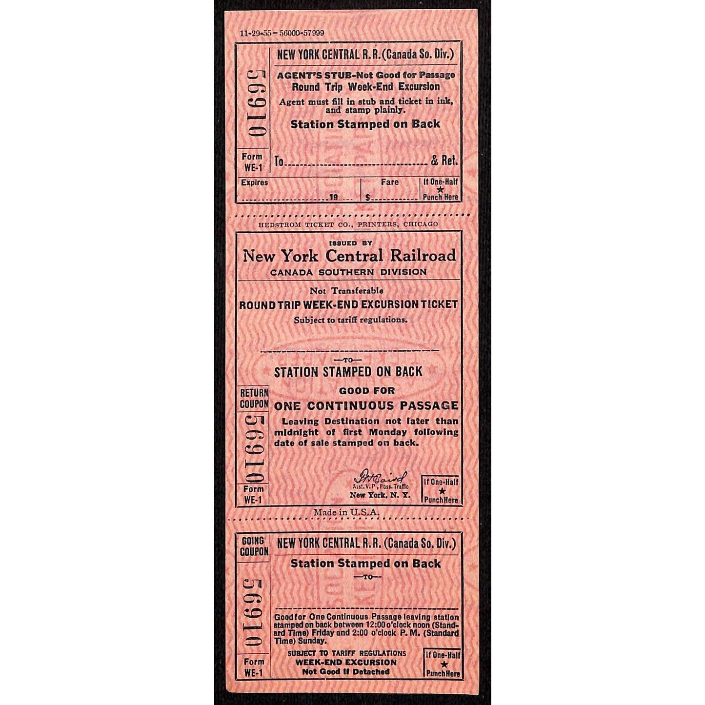 New York Central Railroad RR Canada Unused SAMPLE Excursion Ticket c1955 #56910