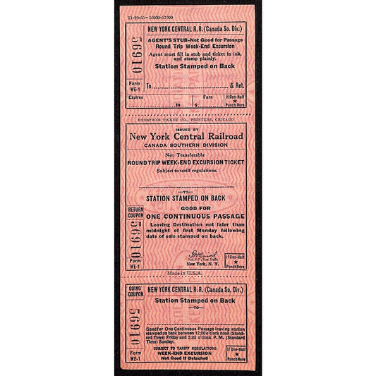 New York Central Railroad RR Canada Unused SAMPLE Excursion Ticket c1955 #56910