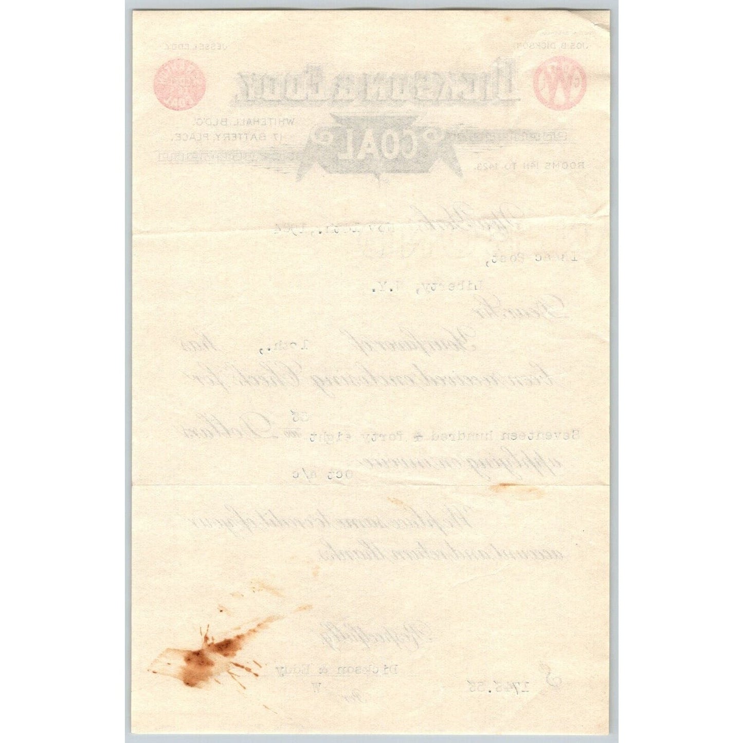 Dickson & Eddy NYC Coal 1904 Receipt / Billhead to Isaac Post*