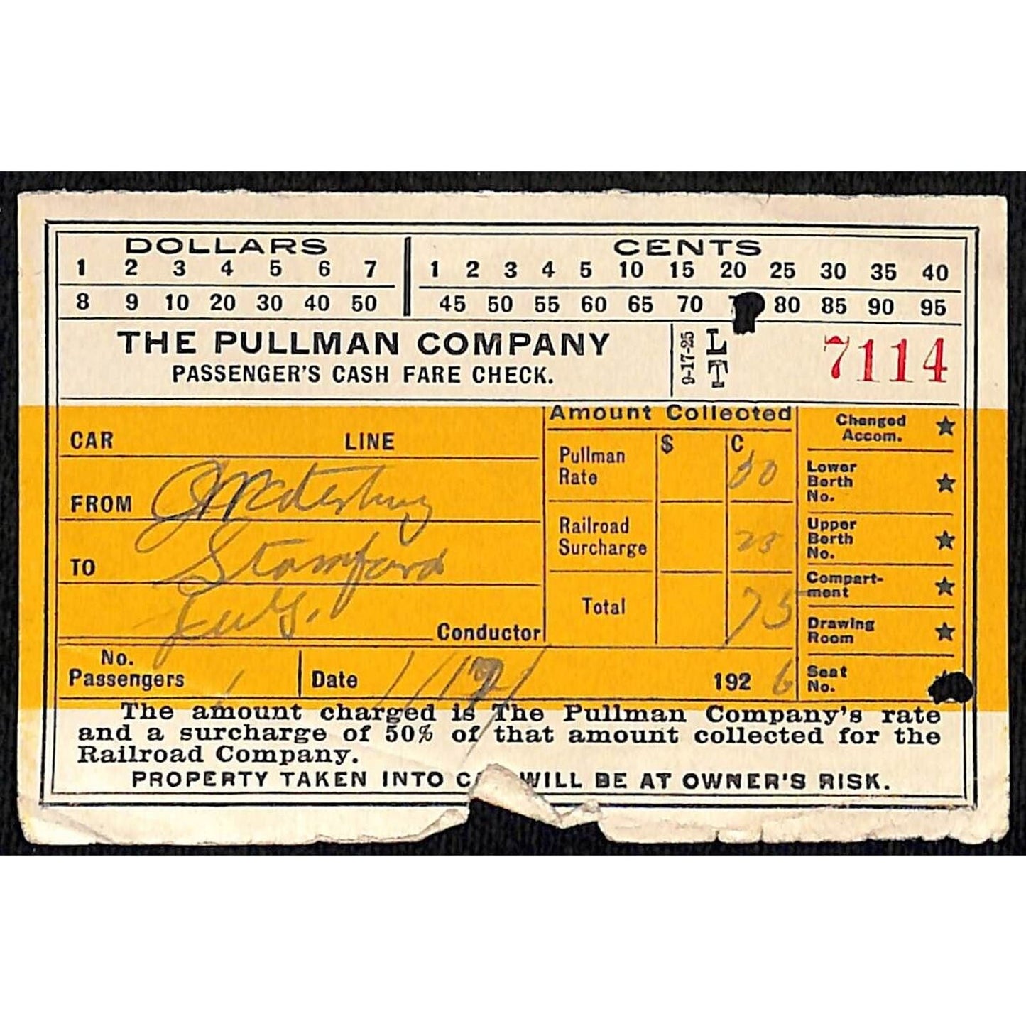 Pullman Company Cash Fare Check / Ticket to Stamford 1926 Scarce