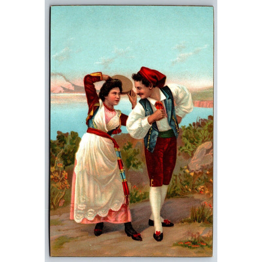 Italian Postcard Couple Outdoors Dance with Tambourine 1901-1907 NP VGC