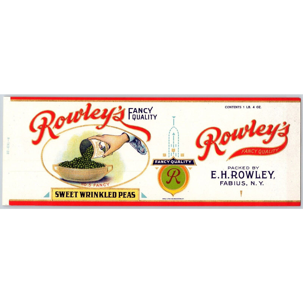 Rowley's Sweet Wrinkled Peas Paper Can Label E.H. Rowley Fabius, NY c1 ...