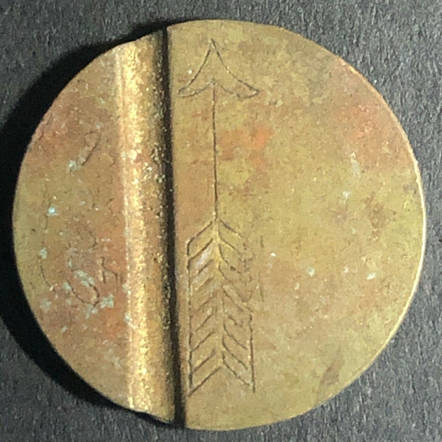 21.2mm Brass Deep Groove / Slot Mystery Token w/ Arrow - Fauver Coll.