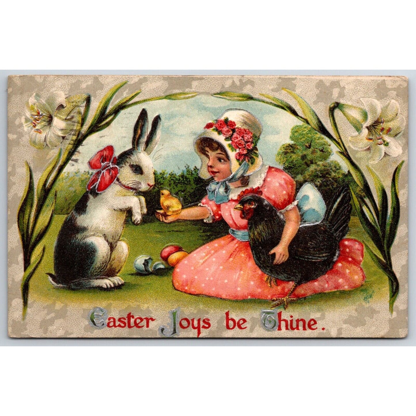 Easter Postcard "Easter Joys Be Thine" Girl w/ Bunny Chicken Chick EMB. PM 1916
