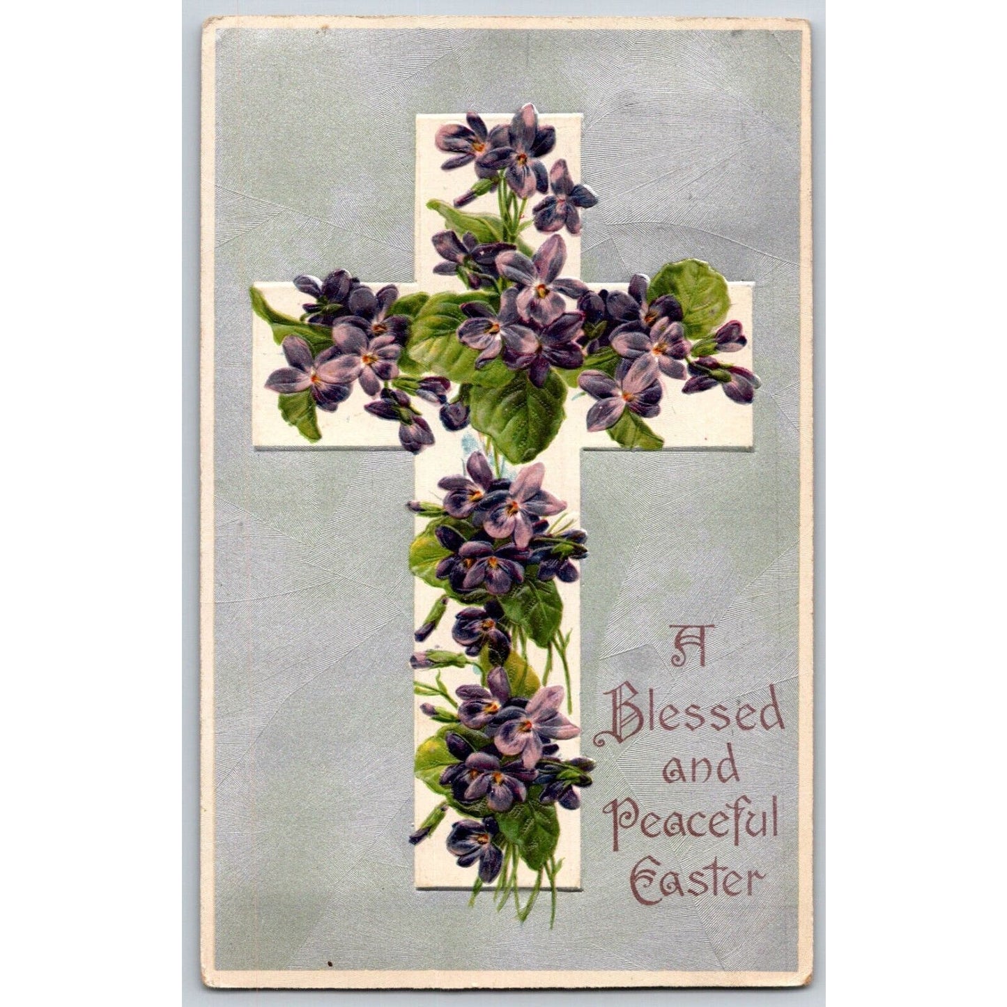 Vintage Easter Postcard "A Blessed and Peaceful Easter" Floral Cross Silver Emb.