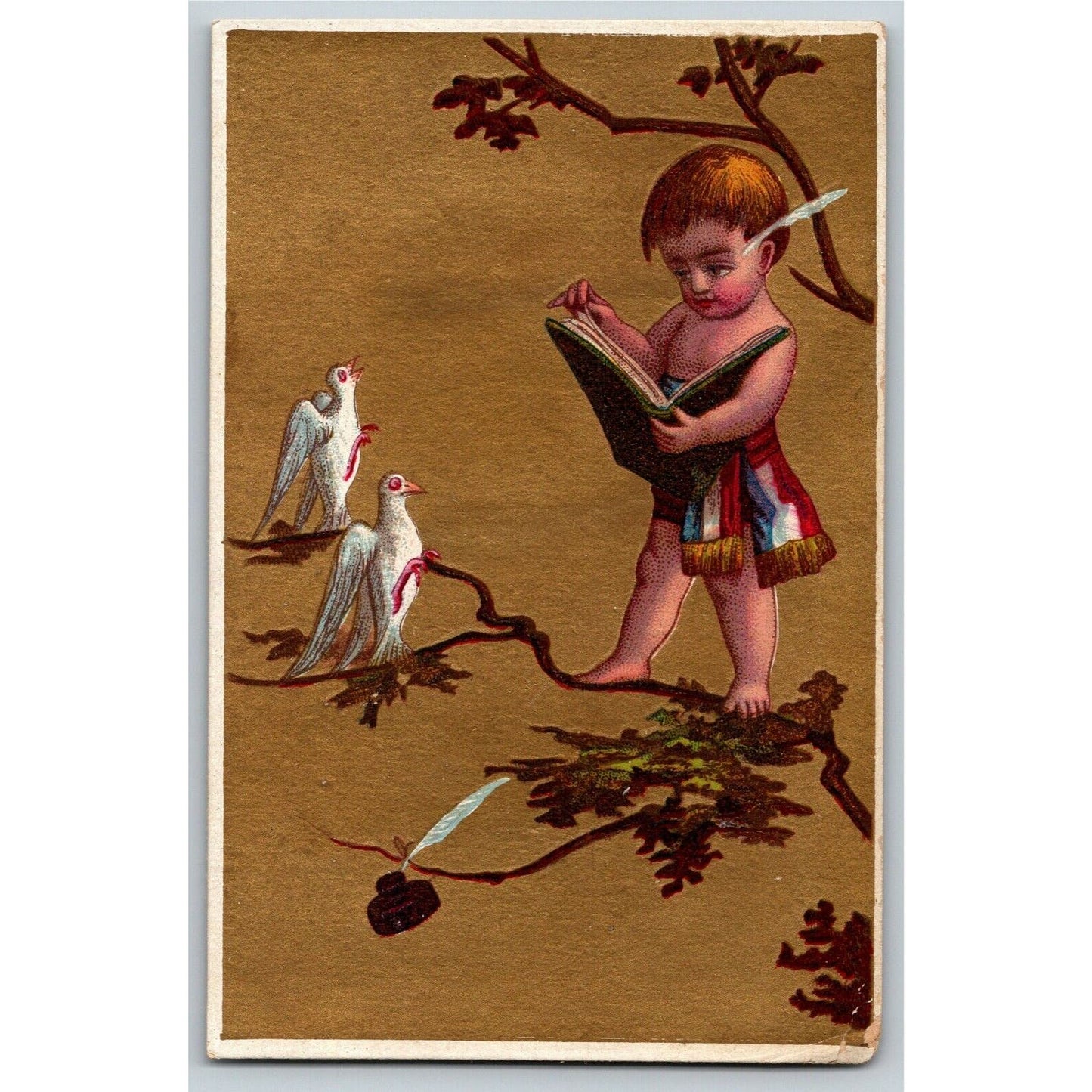 Blank Gilt Victorian Trade Card - Boy Standing on Branch W/ Birds While Reading