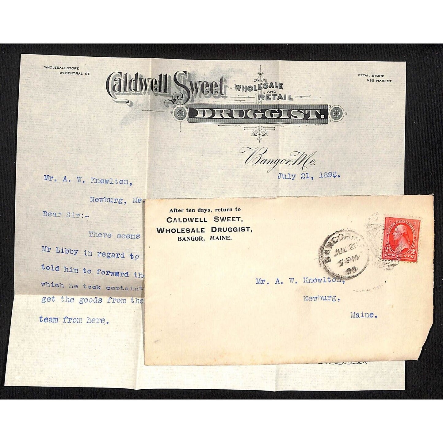 Newburgh ME Amos W. Knowlton* 1896 Bangor ME Caldwell Street Druggist Letterhead