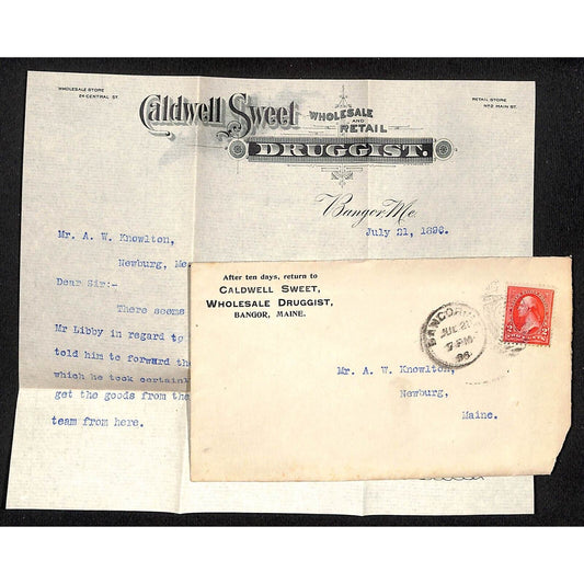 Newburgh ME Amos W. Knowlton* 1896 Bangor ME Caldwell Street Druggist Letterhead