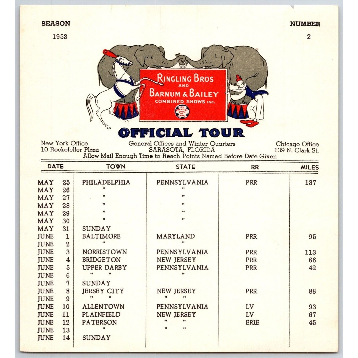 1953 Ringling Bros Barnum Bailey Circus Route Card Phila. Baltimore Jersey City