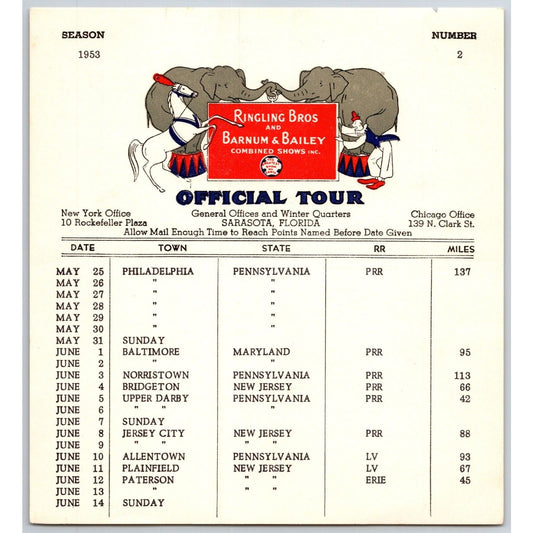 1953 Ringling Bros Barnum Bailey Circus Route Card Phila. Baltimore Jersey City