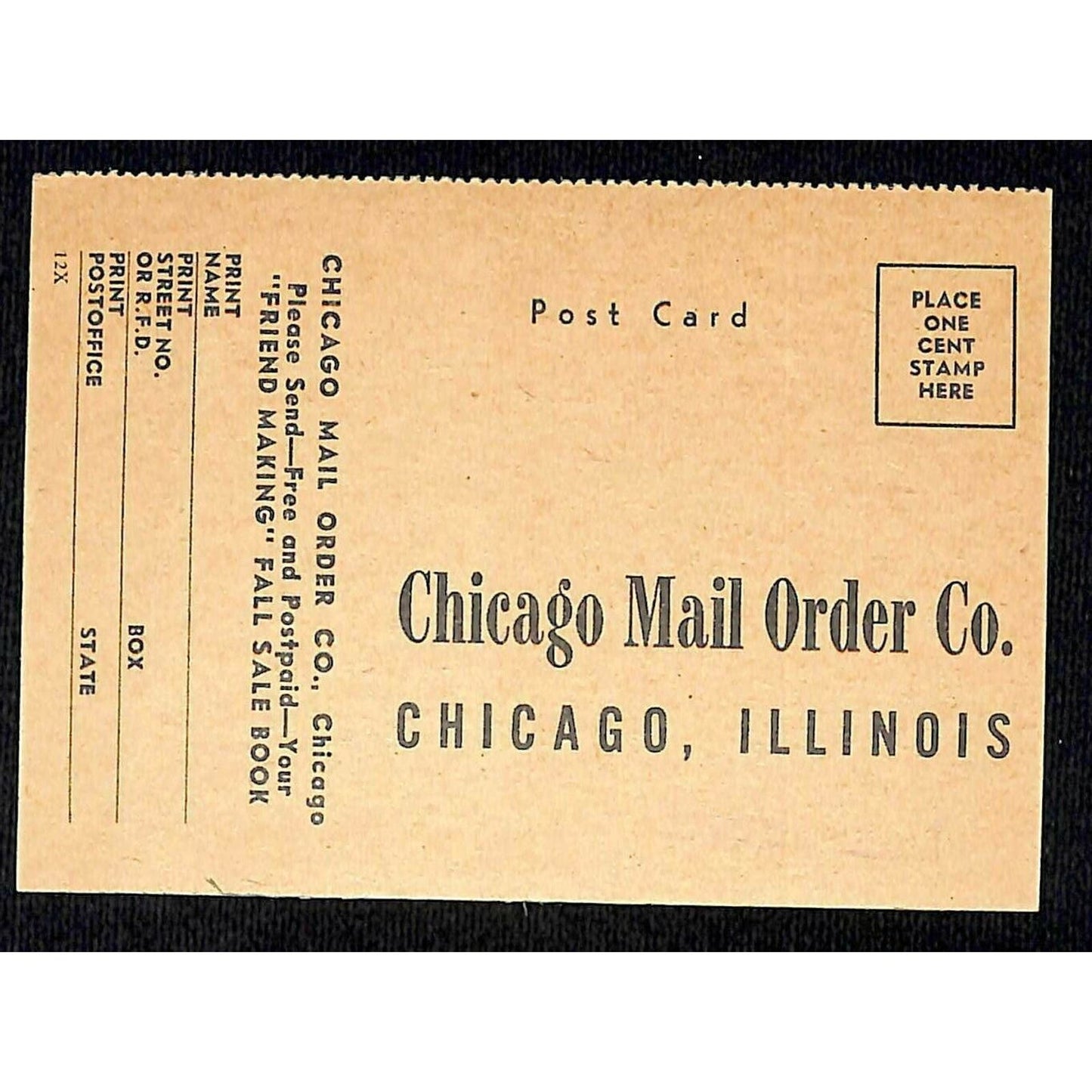 c1930's-40s Chicago Mail Order Co's "Free Sale Book" Mail-in Postcard Offer Card