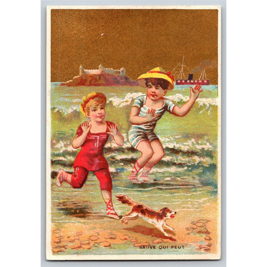 French Victorian Trade Card Chocolat du Commerce "Sauve Qui Peut" Girls at Shore
