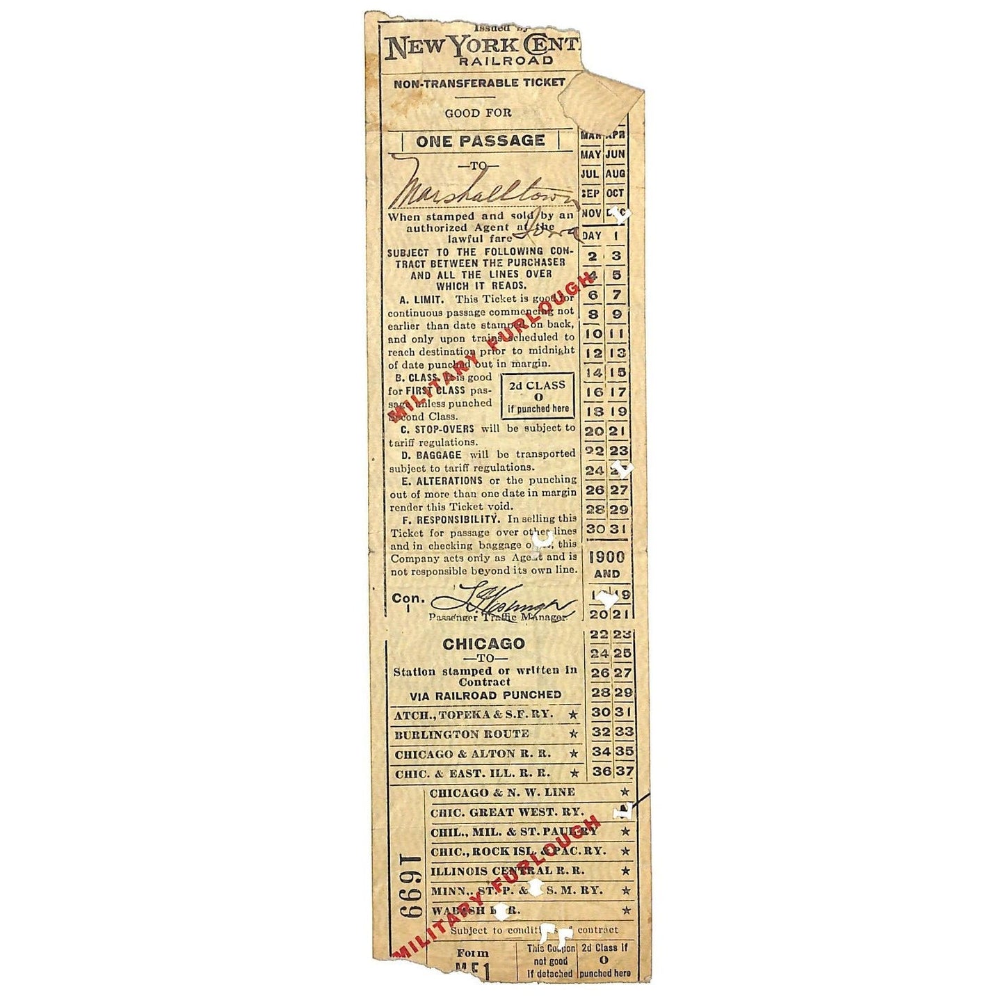 New York Central Railroad Ticket 1918 WWI "Military Furlough" Marshalltown, IA