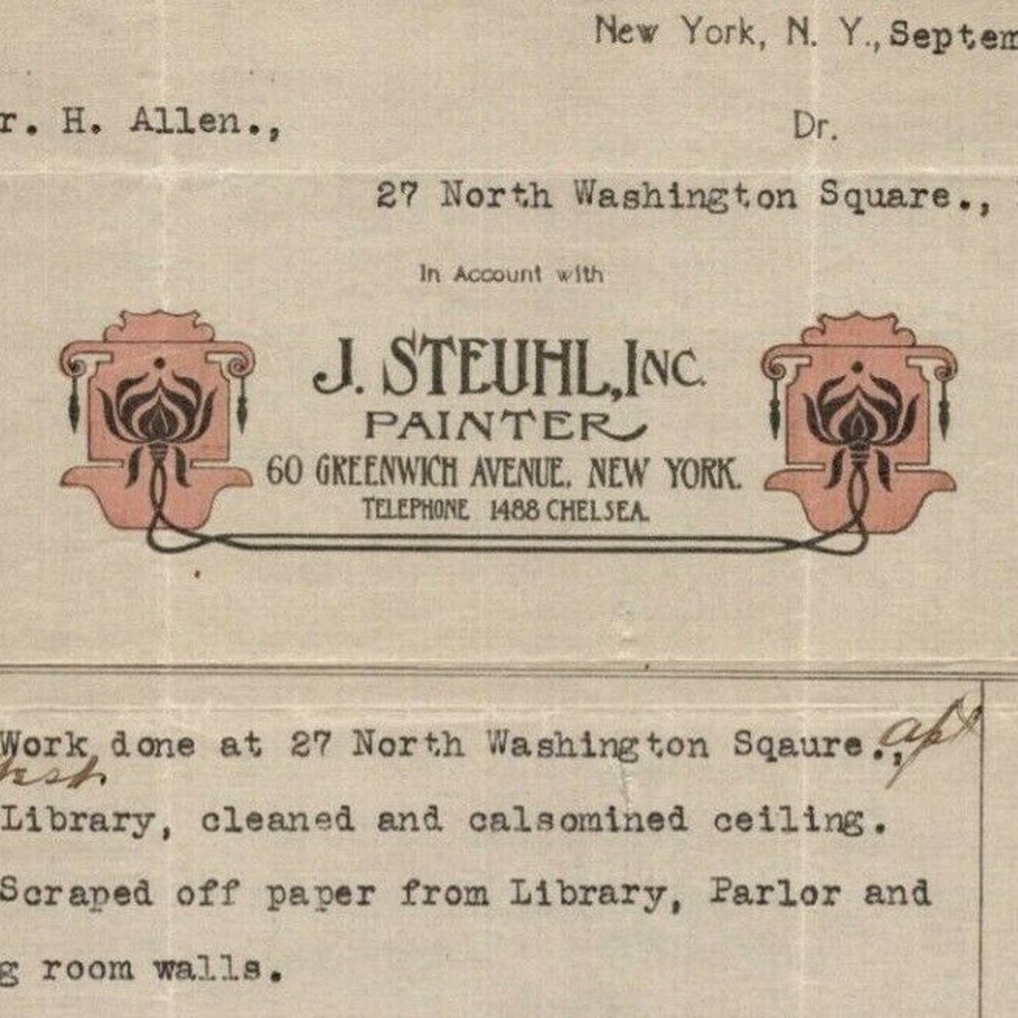 1916 J. Steuhl Inc. Painter Billhead Letterhead Greenwich Ave., NYC Invoice