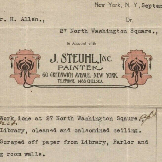 1916 J. Steuhl Inc. Painter Billhead Letterhead Greenwich Ave., NYC Invoice