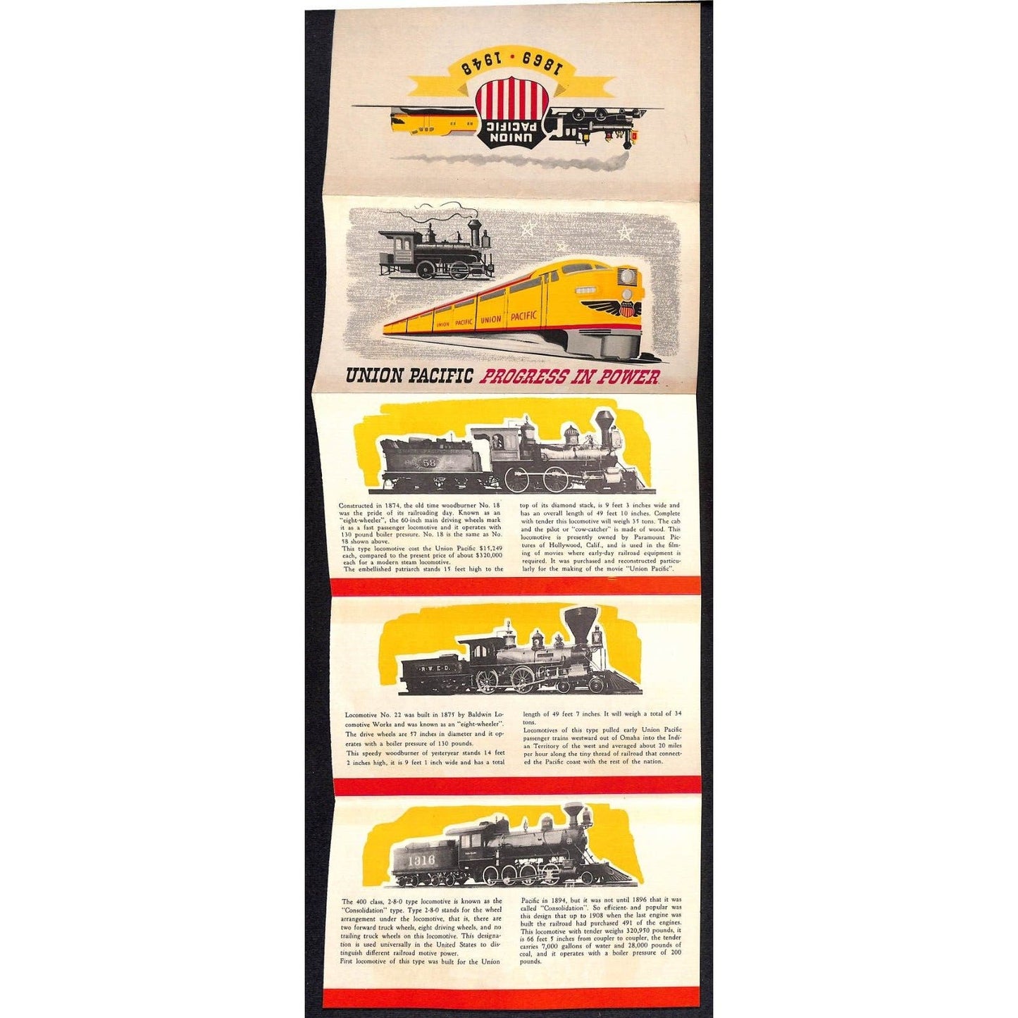 Union Pacific RR 1869-1948 "Progress In Power" Engine Evolution Folded Brochure