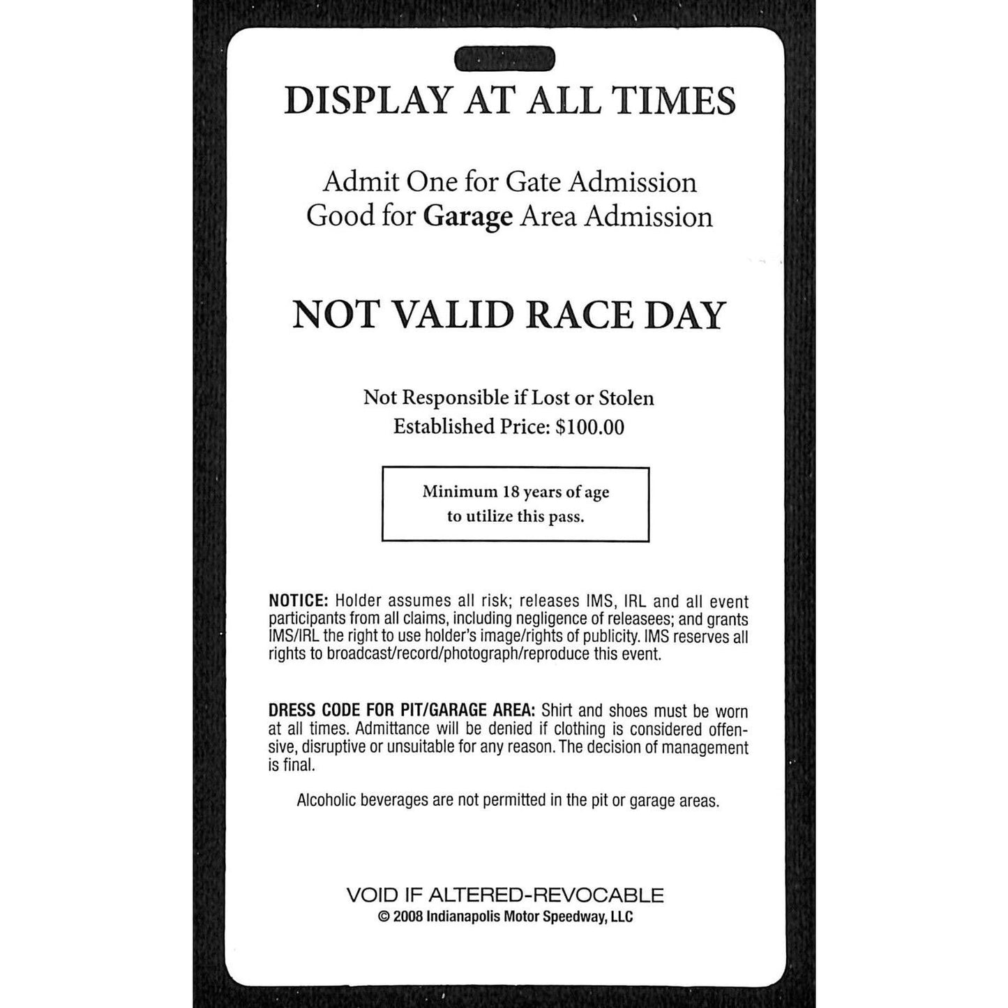 2008 Indy 500 Garage Access Ticket Pass Indianapolis IMS #2416 VGC
